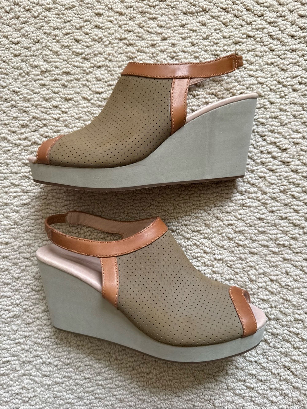 Tommy Bahama Olive Perforated Wedge Sandals with Brown Trim